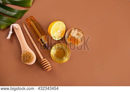 Bath And Beauty Spa Personal Hugiene Accessories On The Brown Background