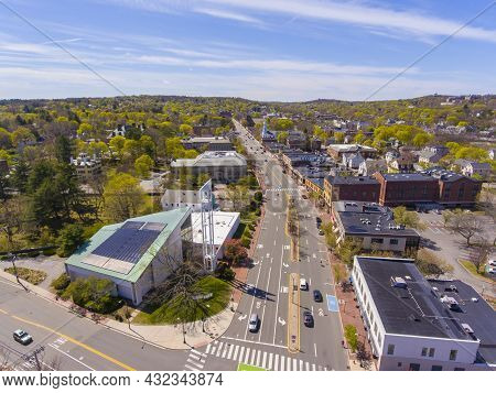 Massachusetts Avenue Aerial View Including First Parish Unitarian Universalist Church And Town Hall 