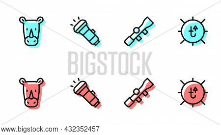 Set Line Sniper Optical Sight, Rhinoceros, Flashlight And Sun Icon. Vector