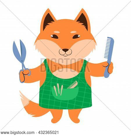 Vector Illustration Of A Cute Cartoon Fox In An Apron With Scisors And Comb