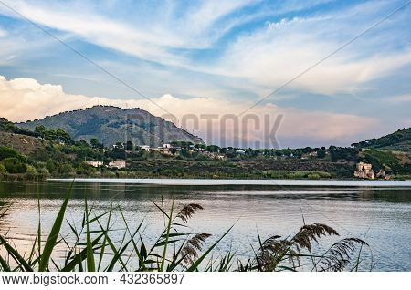 View Of The Averno Lake In Naples, Italy, At Sunset