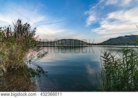 View Of The Averno Lake In Naples, Italy, At Sunset