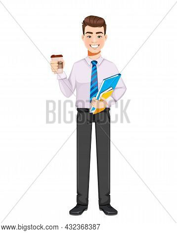 Handsome Business Man Having A Coffee Break. Young Businessman Cartoon Character. Stock Vector Illus