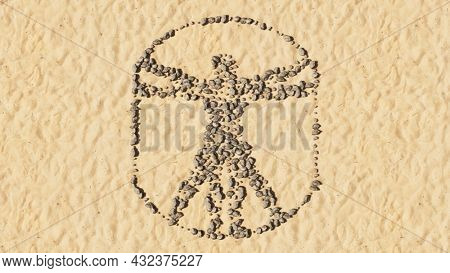 Concept or conceptual stones on beach sand handmade symbol shape, golden sandy background, sign of vitruvius man. A 3d illustration metaphor for architecture, renaissance, anthropology and physiology