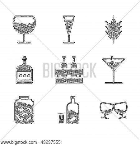 Set Pack Of Beer Bottles, Vodka With Pepper And Glass, Glass Cognac Or Brandy, Martini, Pickled Cucu