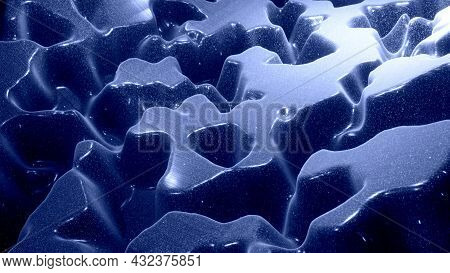 3d Render. Stylish Festive Black Bg. Fantastical Abstract Background, Waves On Glossy Surface Like L
