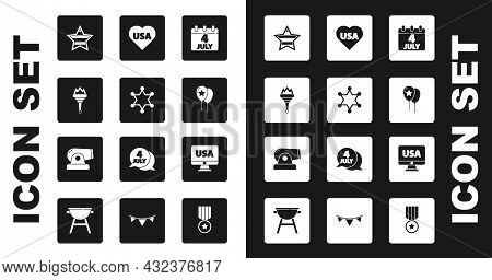 Set Calendar With Date July 4, Hexagram Sheriff, Torch Flame, Usa Independence Day, Balloons, Monito