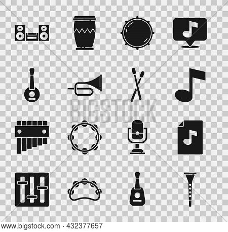 Set Clarinet, Music Book With Note, Note, Tone, Dial Knob Level, Trumpet, Banjo, Home Stereo And Dru