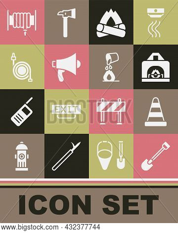 Set Fire Shovel, Traffic Cone, Interior Fireplace, Campfire, Megaphone, Hose Reel, And Bucket Exting