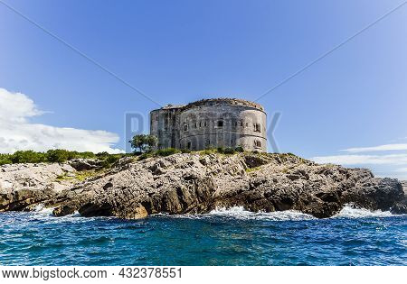 An Island With The Former Austrian Fortress Arza. Mamula Island. Bay Of Kotor, Adriatic Sea. Close-u