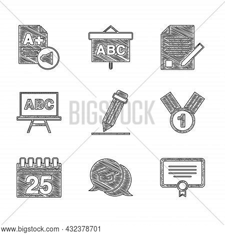 Set Pencil With Eraser, Graduation Cap In Speech Bubble, Certificate Template, Medal, Calendar, Chal