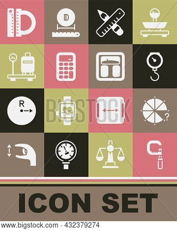 Set Micrometer, Circle Of Pieces, Hand Scale Spring Mechanical, Crossed Ruler Pencil, Calculator, Sc