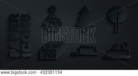 Set Hacksaw, Tree, Wooden Beam, Plane Tool, Christmas Tree And Grapple Crane Grabbed Log Icon. Vecto