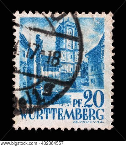 ZAGREB, CROATIA - JUNE 22, 2014: Stamp printed in Germany, French Occupation of Wurttemberg shows City Gate from Wangen, circa 1948
