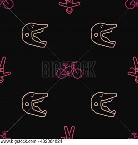 Set Line Bungee Jumping, Motocross Motorcycle Helmet And Bicycle On Seamless Pattern. Vector