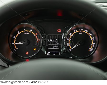 Novosibirsk, Russia - July 19, 2021: Lada Granta , Black Car Speedometer. Close Up Shot Of The Dashb