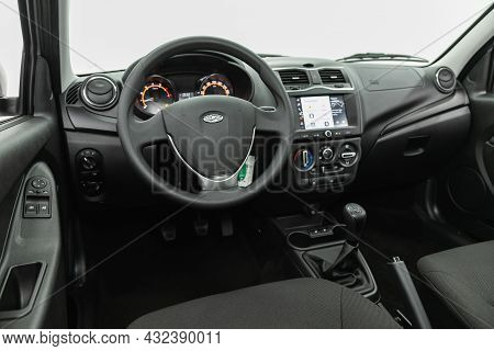 Novosibirsk, Russia - July 19, 2021: Lada Granta , Steering Wheel, Shift Lever And Dashboard, Climat