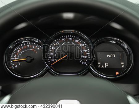 Novosibirsk, Russia - August 19, 2021: Renault Sandero Stepway , Black Car Speedometer. Close Up Sho