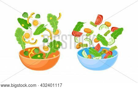 Vegetarian Salad With Dropping In Bowl Ingredient Mix Vector Set