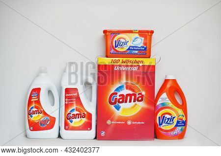 Kyiv, Ukraine - September,9 2021: Gama And Vizir Washing Powders And Detergents.