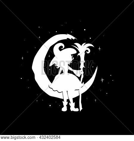 Black Witch With Broom And Crescent In The Night Sky. Half Moon And Stars And Hag In Hat. Magic, Fan