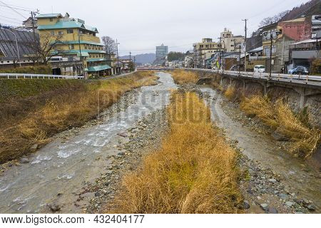 Nagano, Japan - Dec 16 ,2019 : View Of Yokoyu River And Cityscape Of Shibu Onsen In Nagano City, Jap