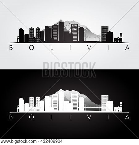 Bolivia Skyline And Landmarks Silhouette, Black And White Design, Vector Illustration.