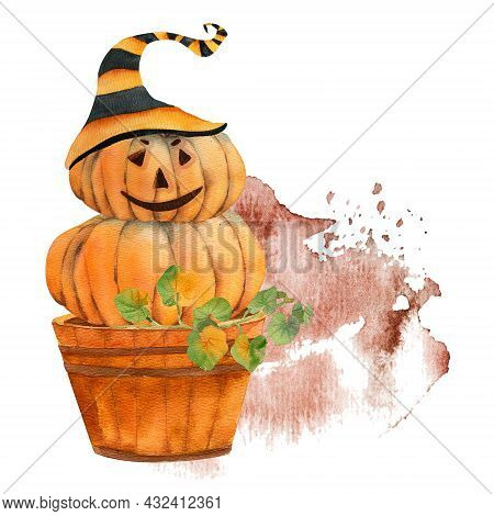 Halloween Sublimation Watercolor. Halloween Scary Pumpkin Head Scarecrow, Postcard For Halloween Hol