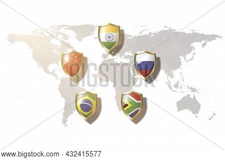 Brics (brazil, Russia, India, China, And South Africa) Countries Flags In Golden Shield On World Map