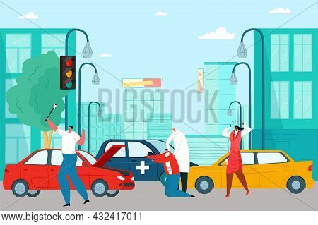 Automobile Accident On City Road, Profession Medical Doctor Help Car Crash Victim Flat Vector Illust