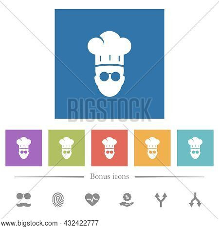 Chef With Glasses Flat White Icons In Square Backgrounds. 6 Bonus Icons Included.