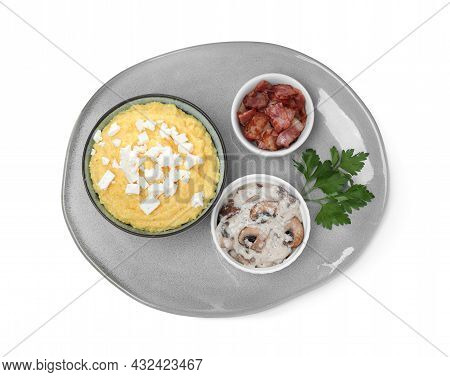 Tasty Banosh With Brynza, Pork Cracklings And Mushrooms On White Background, Top View. Traditional U