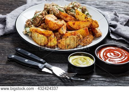 Grilled Pork Shoulder Steaks With Roasted Potato Wedges Seasoning With Paprika And Dill On A Plate O