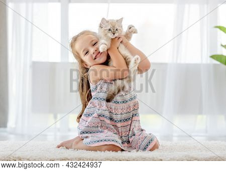Little child girl holding ragdoll kitten and petting it. Pretty female kid happy with feline domestic kitty pet at home
