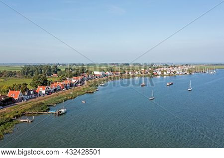 Aerial from the traditional village Durgerdam in the Netherlands on a beautiful summer day