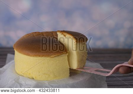 Deliciously Jiggly And Soft Like Cotton, The Fluffy Japanese Cheesecake. Selective Focus Points