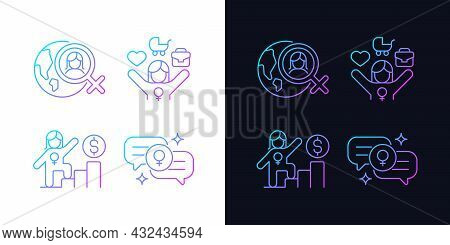 Mainstream Feminism Gradient Icons Set For Dark And Light Mode. Working Mom. Career Ladder. Thin Lin