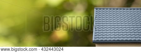 Cozy House With Beautiful Landscaping. New Modern Home On Green Nature Background. Realt Panorama Ba