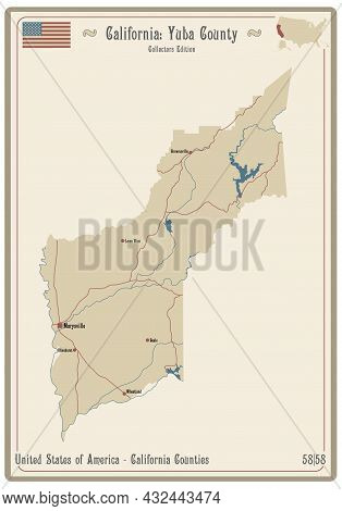 Map On An Old Playing Card Of Yuba County In California, Usa.