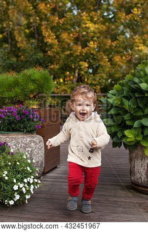 Little Smiling Boy Runs On A Terassa Of Cafe.  Lovely Kid Smiles And Has Joy. Outdoor Activities For