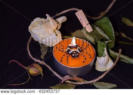 A Dry Dead White Rose And A Burning Spider Candle On The Black Background With Dead Leavees And A Ro