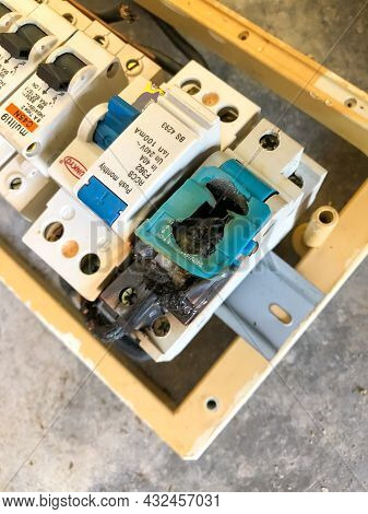 Klang, Malaysia: September 9, 2021- Burning Electrical Switchboards From Overload Or Short Circuit. 