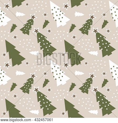 Seamless Pattern With Green And White Christmas Trees