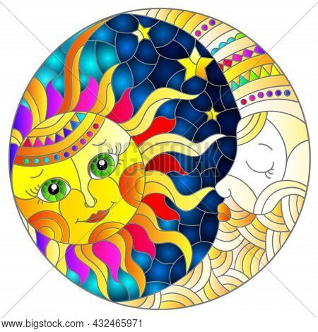 Illustration In The Style Of A Stained Glass Window With A Cute Sun And Moon On A Blue Sky Backgroun