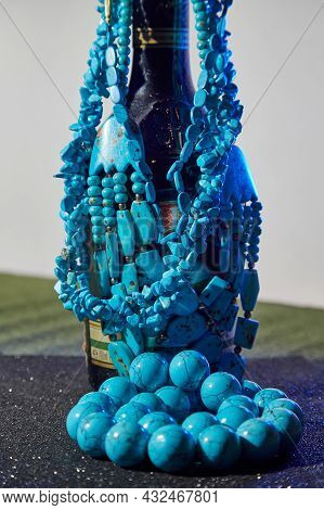 Beautiful Blue Beads. The Concept Of A Beautiful, Elegant Life And Beautiful Decoration For Woman