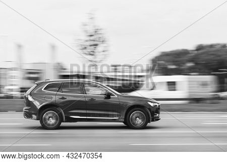 The New Volvo Xc 60 Is Driving On The Street. Fast Moving Car. Motion Blur. Riga, Latvia - 09 Sep 20