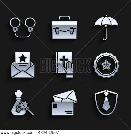 Set Oath On The Holy Bible, Envelope, Tie, Police Badge, Money Bag And Magnifying Glass, The Arrest 