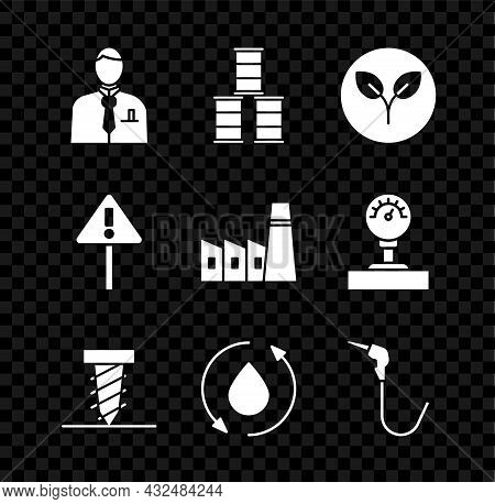 Set Businessman Or Stock Market Trader, Barrel Oil, Bio Fuel, Rotating Drill Digging Hole, Oil Drop,
