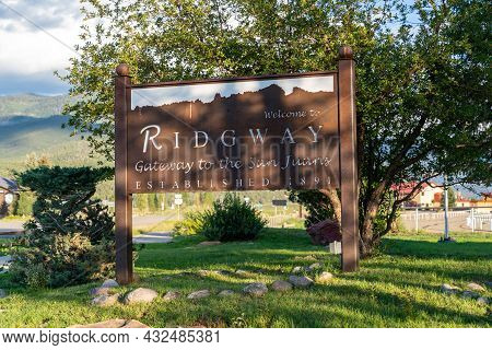 Ridgway, Colorado - August 3, 2021: Sign For Welcome To Ridgway Gateway To The San Juans Mountains