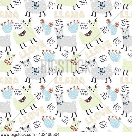 Pastel Colored Seamless Pattern Of Lamas, Cactuses And Text Llama Llove. Perfect For T-shirt, Textil